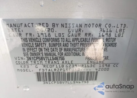 2020 Nissan Kicks S Xtronic Cvt z USA, uszkodzony, nr VIN 3N1CP5BV7LL546755